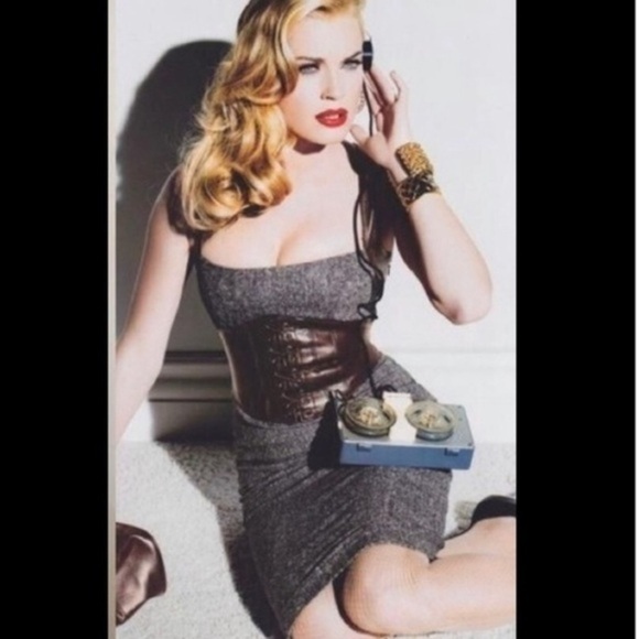 BEBE VINTAGE CORSETED LEATHER TWEED PENCIL DRESS SIZE 4 - Picture 16 of 16